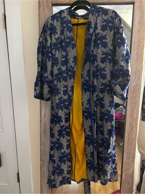 New York & Company Blue Floral Jacquard Coat with Mustard Lining